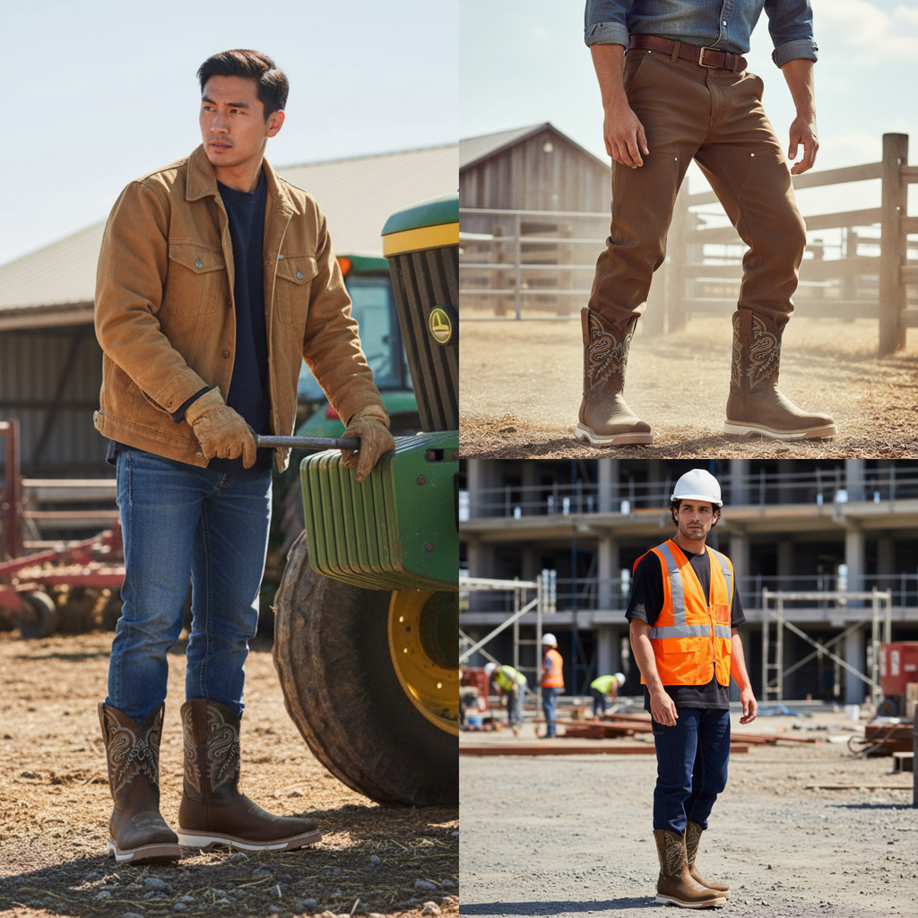 Bota de Trabajo Con Casco de Acero Bordada Estilo Rodeo